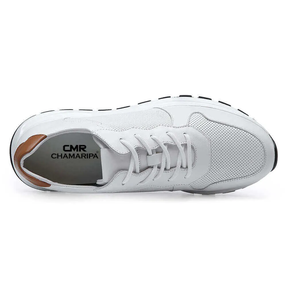 6 CM / 2.36 Inche CMR CHAMARIPA Men's Hidden Heel Trainers Elevator Sneaker Shoes White Leather Sneakers