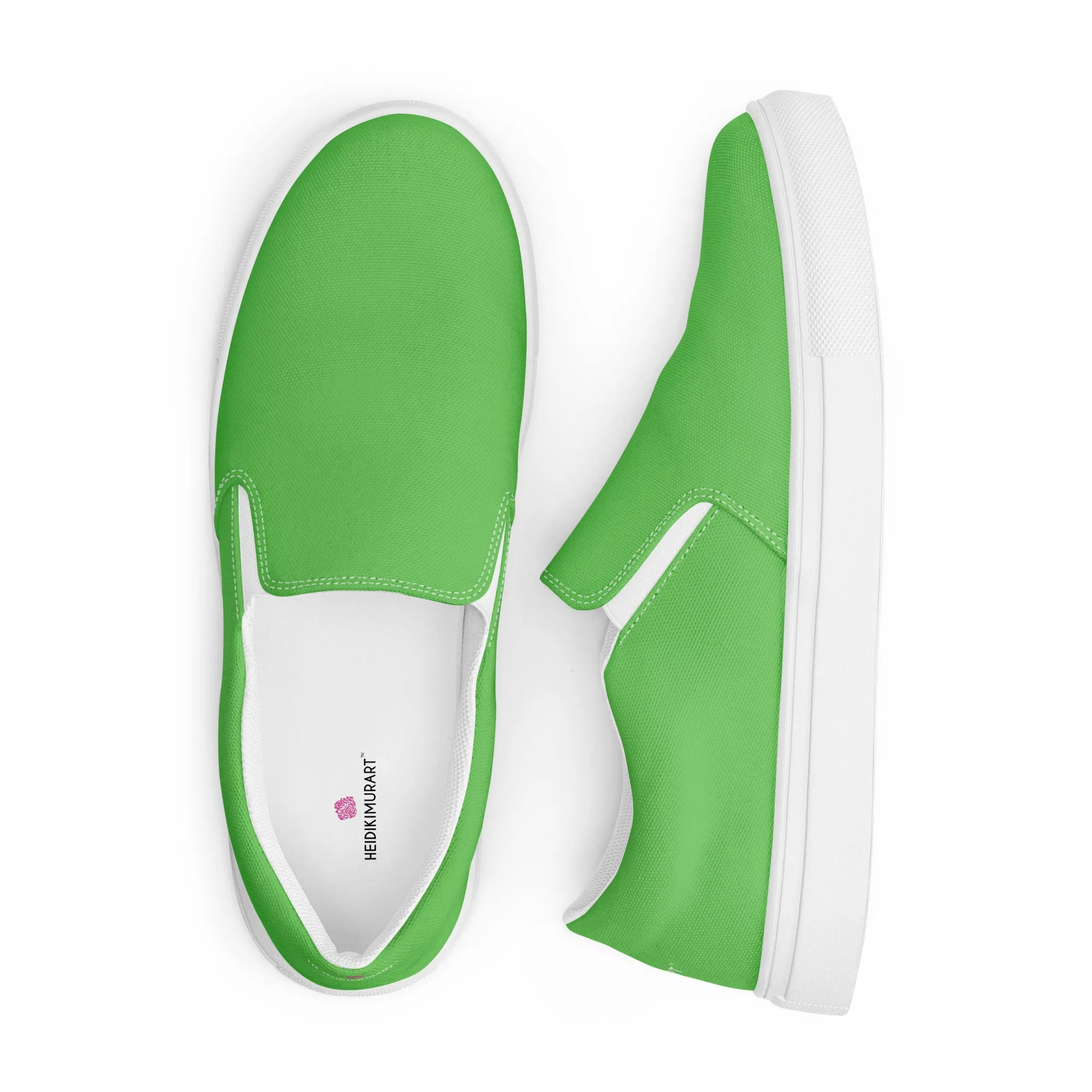 Apple Green Slip Ons For Men, Solid Bright Green Color Best Casual Breathable Men’s Slip-on Canvas Shoes (US Size: 5-13)