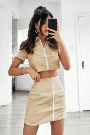 Beige Cord Zip Polo Top and Mini Skirt Co-ord - Iriana