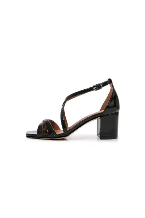 Black Cross Strappy Block Heel Sandal