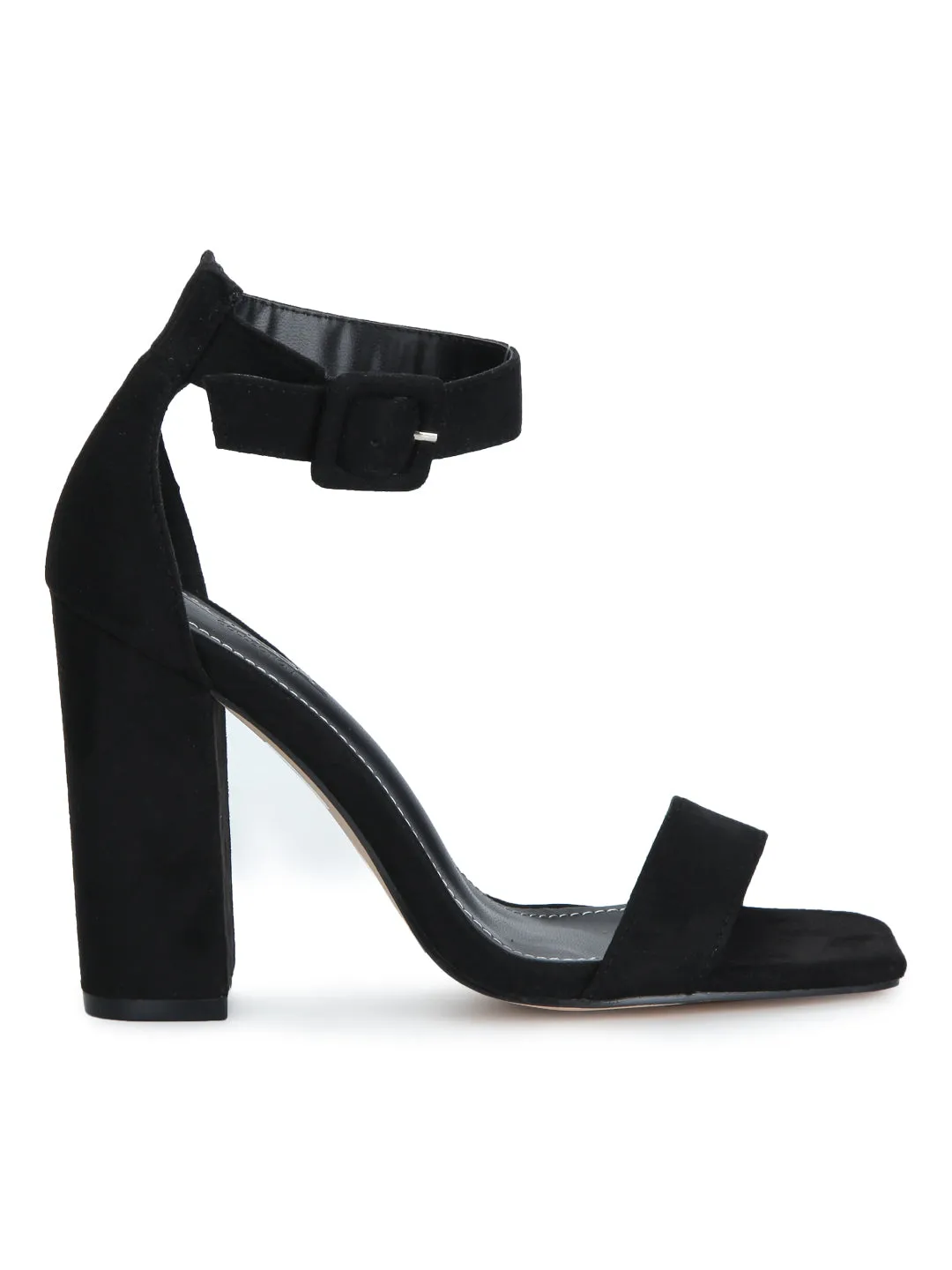 Black Micro Broad Ankle Strap Block Heels