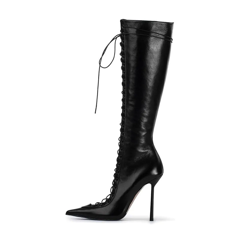 Blanc Fashion House Leather Knee High Boot Heel