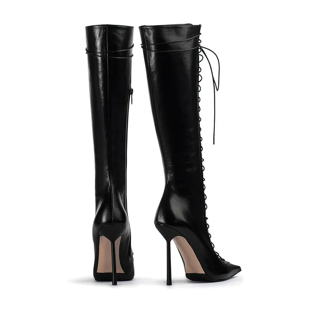 Blanc Fashion House Leather Knee High Boot Heel