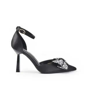 Chic Black Satin Heels with Rhinestone Bow | 441N-C