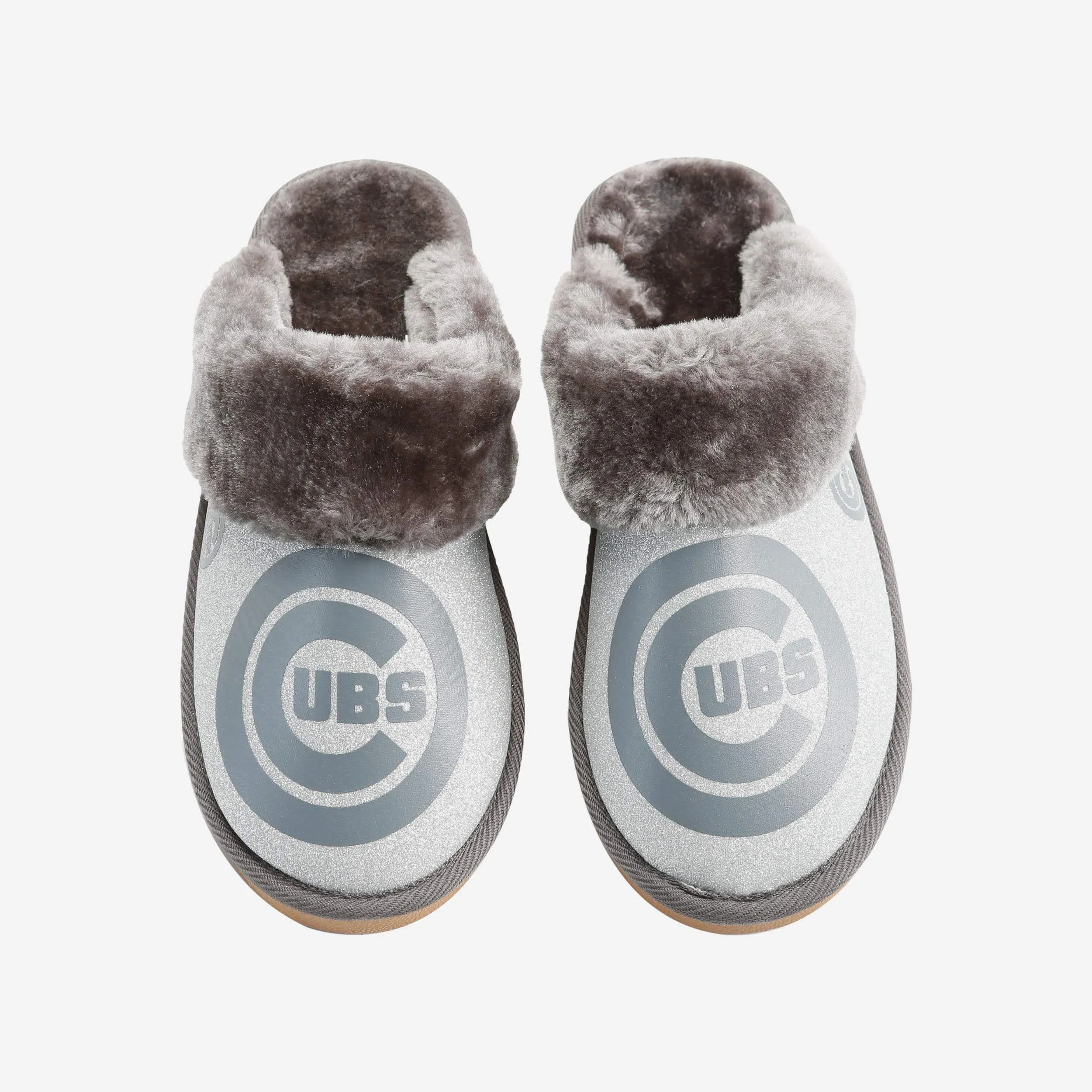 Chicago Cubs Womens Glitter Open Back Fur Moccasin Slipper