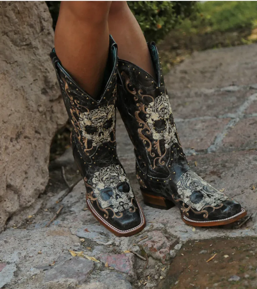 Corral Ladies Black Floral Skull Boots Style Z5005