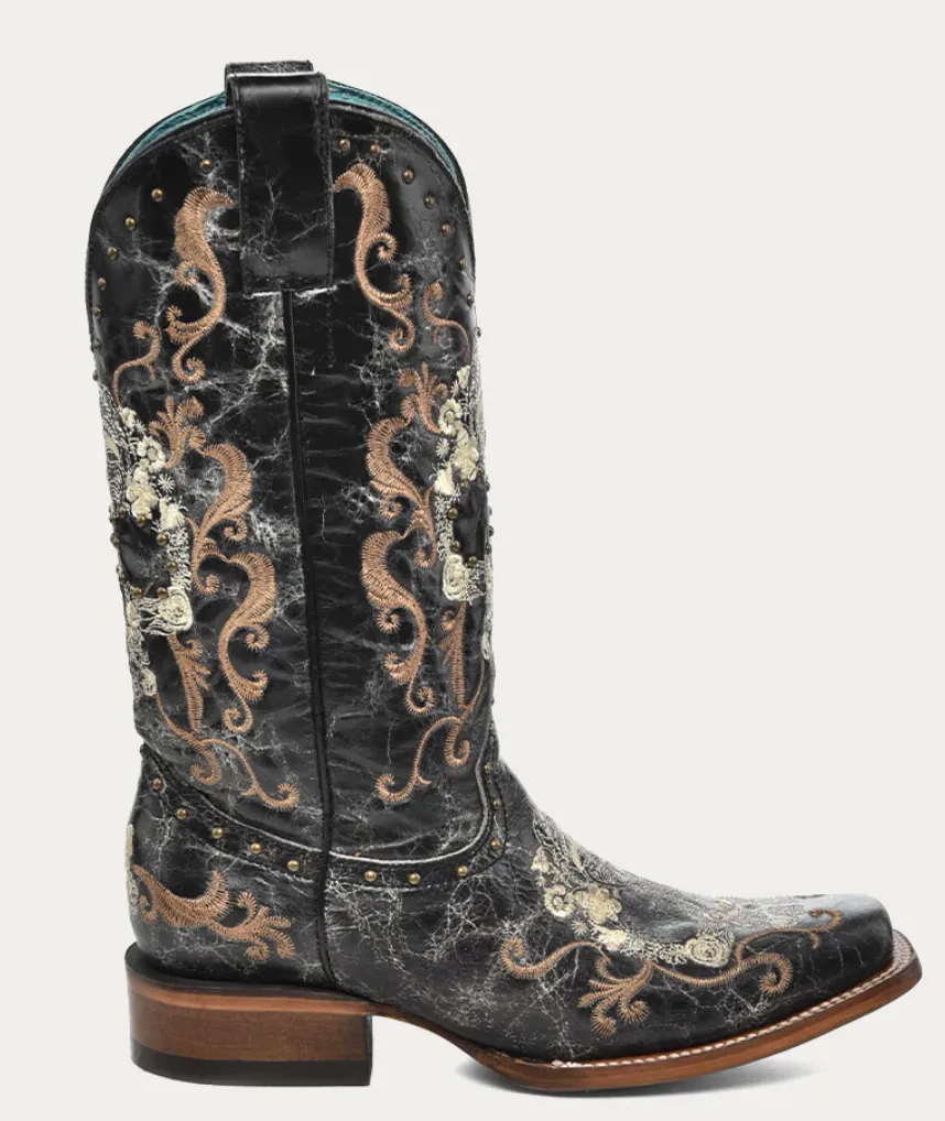 Corral Ladies Black Floral Skull Boots Style Z5005