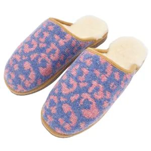 Denim & Pink Leopard Print Lambswool & Sheepskin Slippers