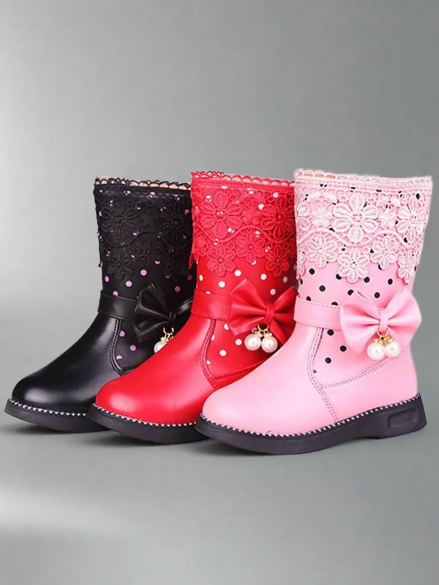 Dotted and Lacey Bow Applique Mid-Calf Princess Boots By Liv and Mia