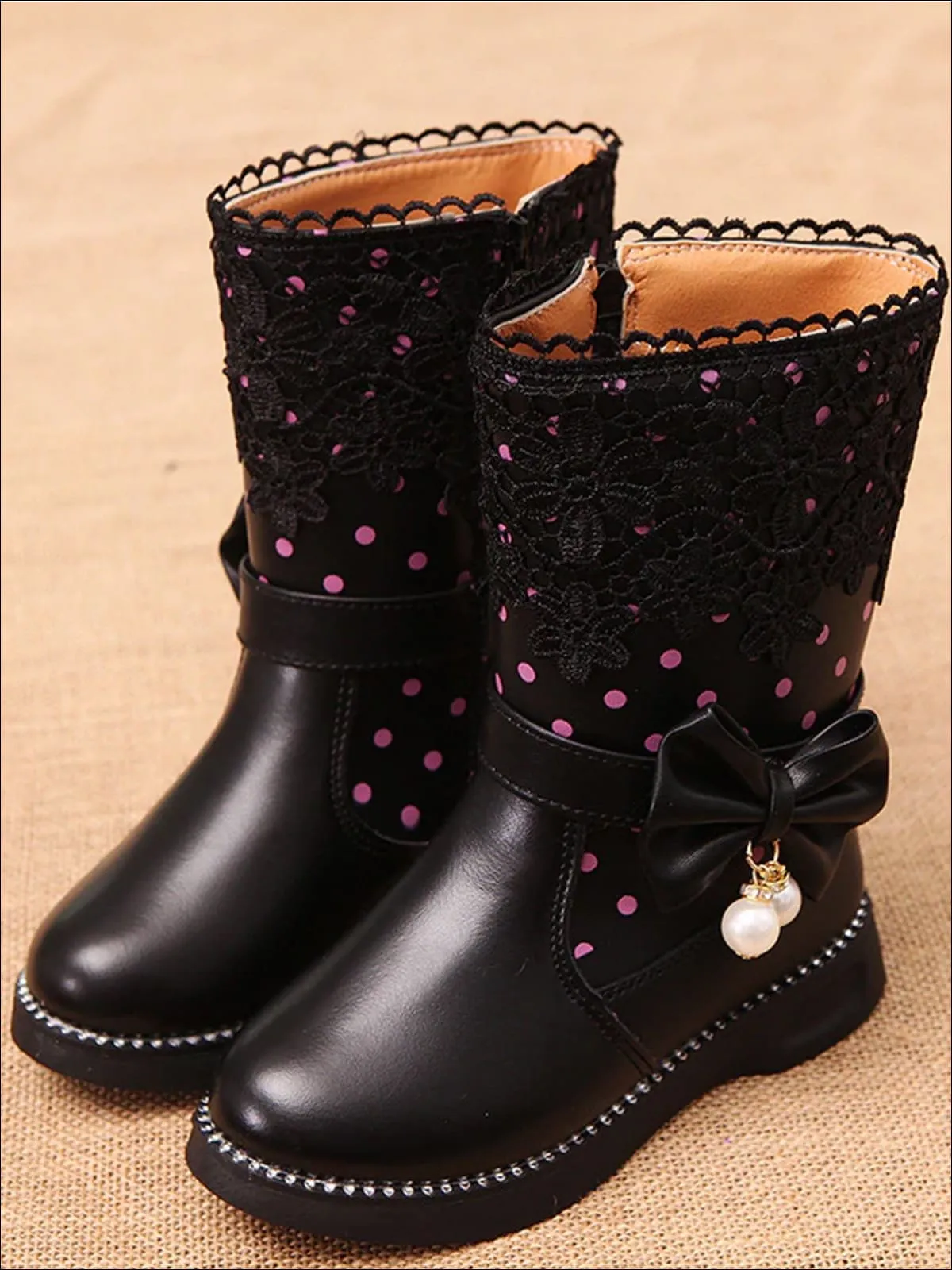 Dotted and Lacey Bow Applique Mid-Calf Princess Boots By Liv and Mia