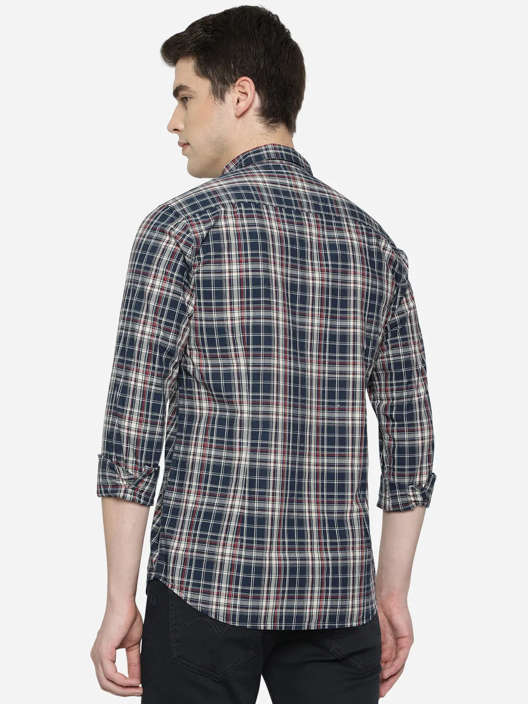 Dress Blue Checked Slim Fit Semi Casual Shirt | JadeBlue