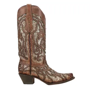 Glitter Tooled-Inlay Snip Toe Cowboy Boots