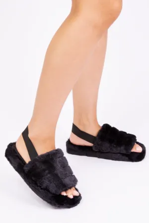 KIDS FLUFFY FAUX FUR MULE SLIPPERS WITH ELASTIC STRAP IN BLACK