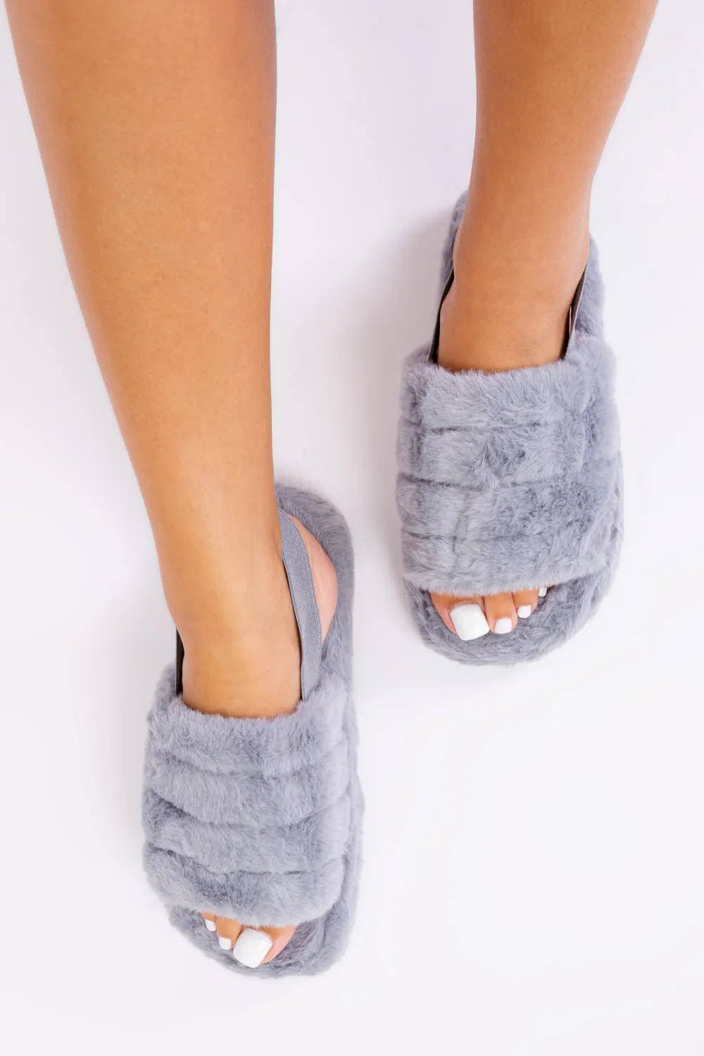 KIDS FLUFFY FAUX FUR MULE SLIPPERS WITH ELASTIC STRAP IN GREY