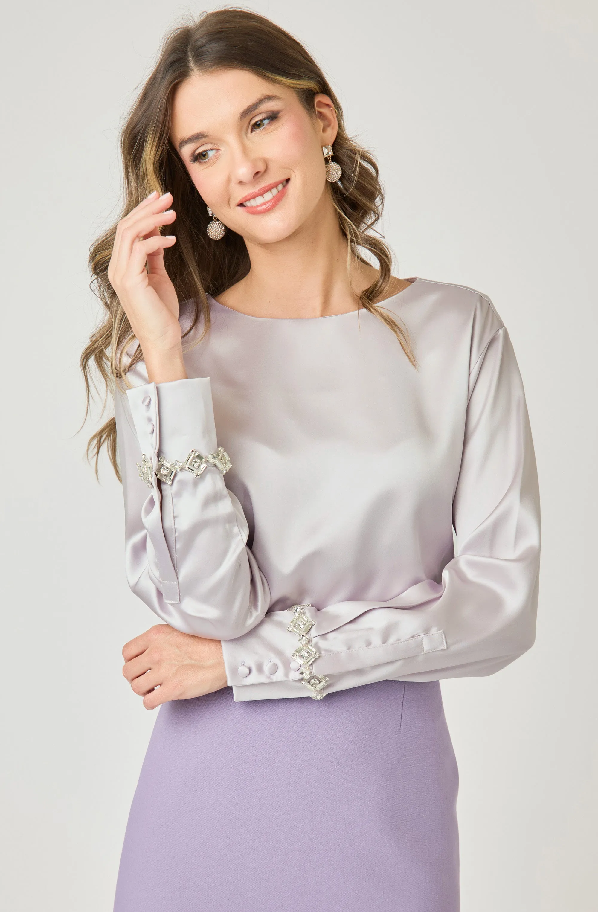 Long Sleeve Satin Blouse with Rhinestone Cuffs