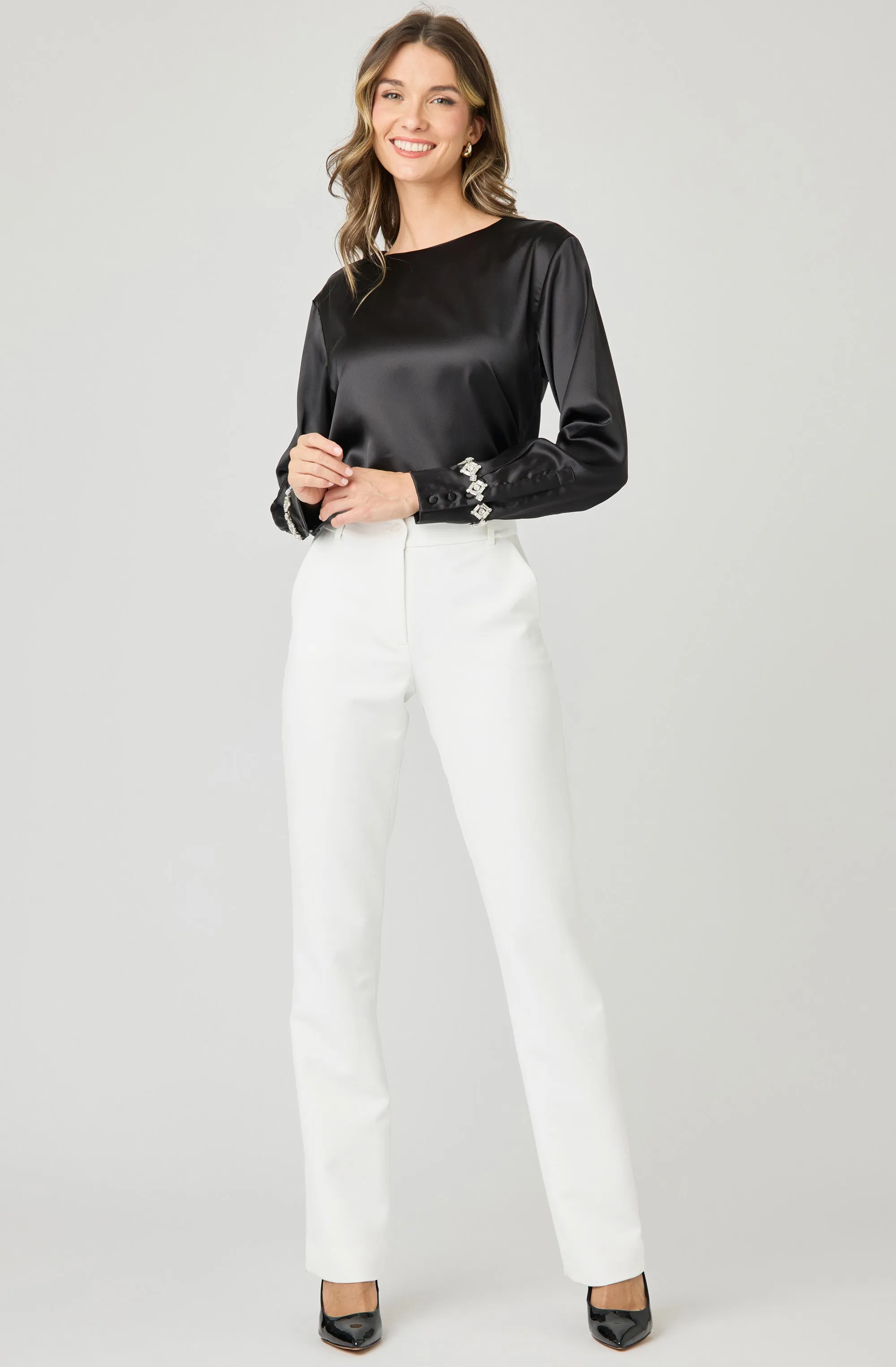 Long Sleeve Satin Blouse with Rhinestone Cuffs