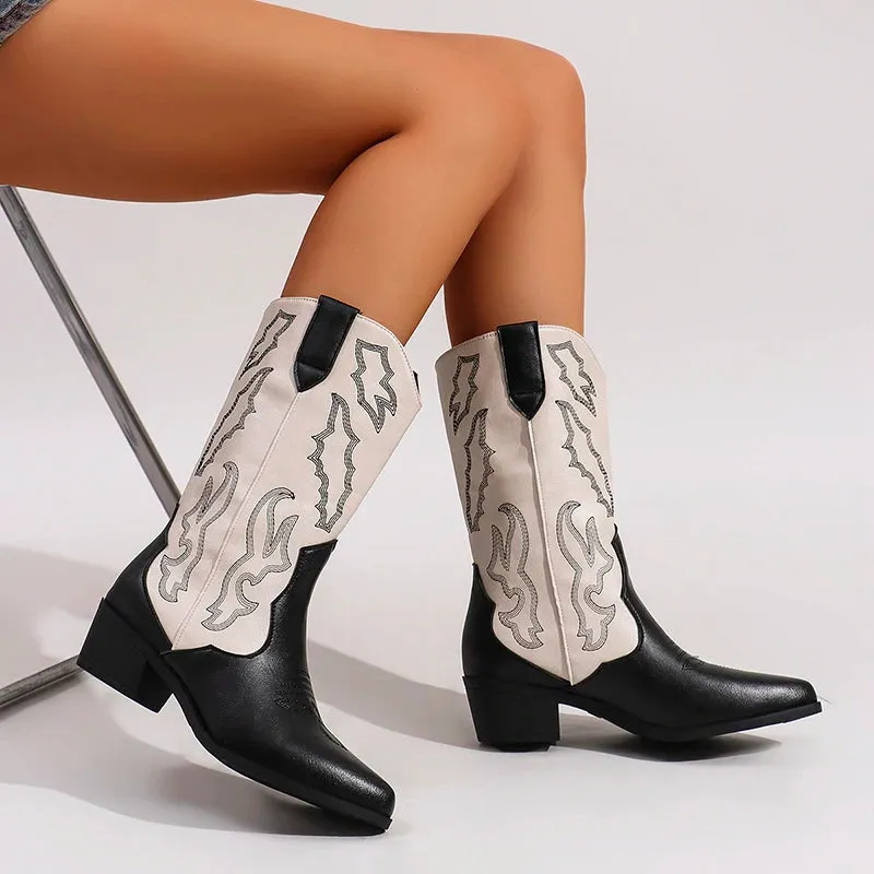 Merendy Milk tea High Chunky Heeled embroidered Mid-calf cowboy boot