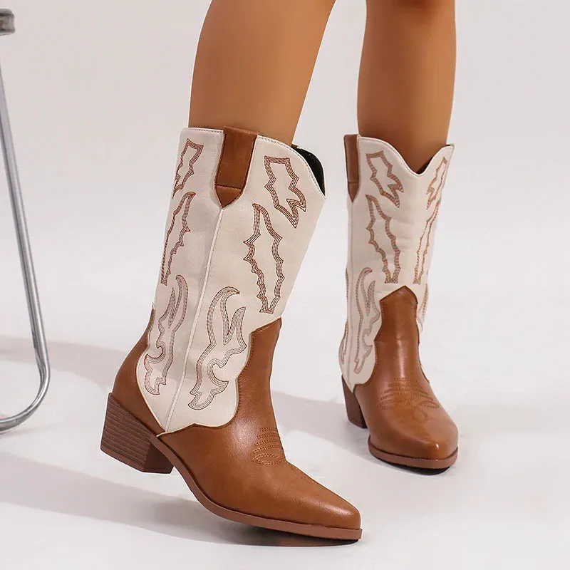 Merendy Milk tea High Chunky Heeled embroidered Mid-calf cowboy boot