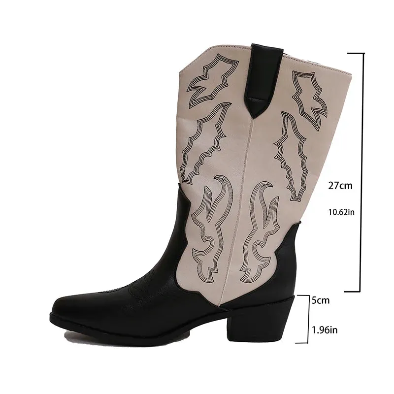 Merendy Milk tea High Chunky Heeled embroidered Mid-calf cowboy boot