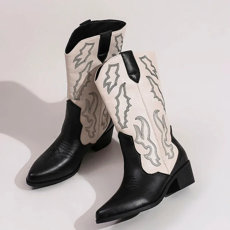 Merendy Milk tea High Chunky Heeled embroidered Mid-calf cowboy boot