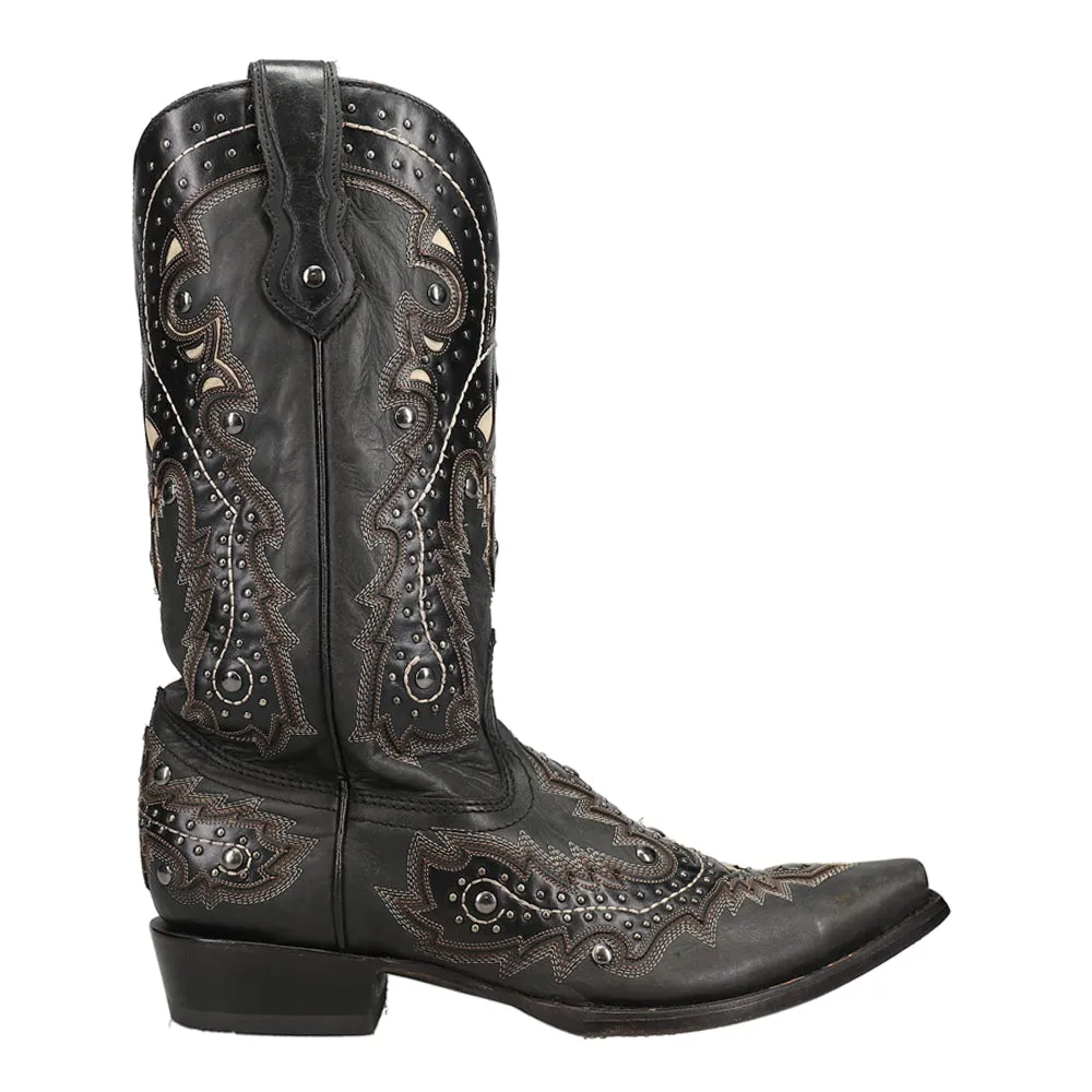 Mn Black Overlay & Embroidery & Studs Snip Toe Cowboy Boots