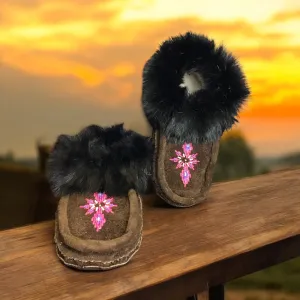 Moccasins Brown with Pink Beadwork