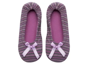 Noble Mount Women's Double Layer Jersey Ballet Slipper with Bow Detail - Stripes Charcoal/Pink