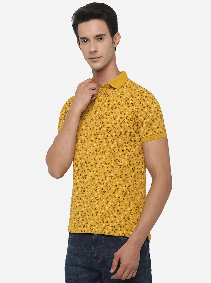 Tawny Yellow Printed Slim Fit Polo T-Shirt | JadeBlue