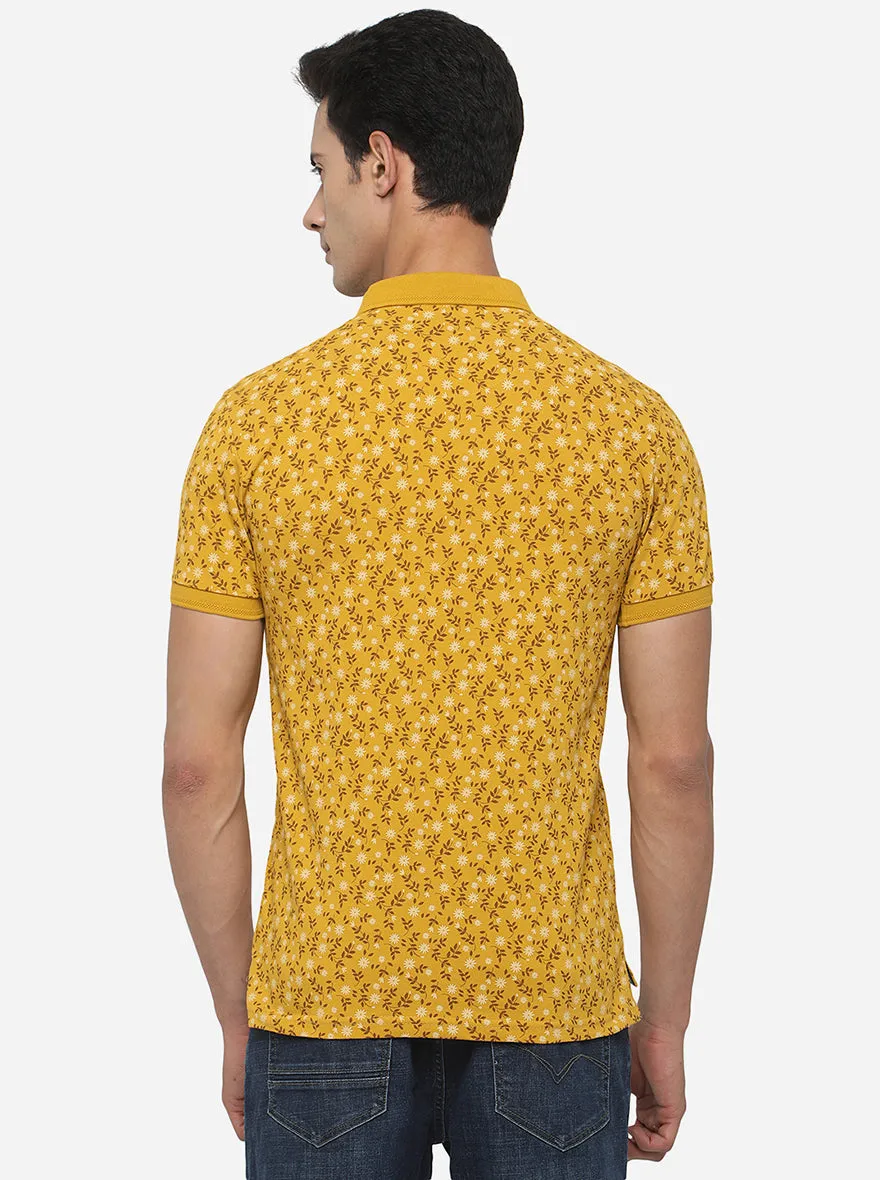 Tawny Yellow Printed Slim Fit Polo T-Shirt | JadeBlue