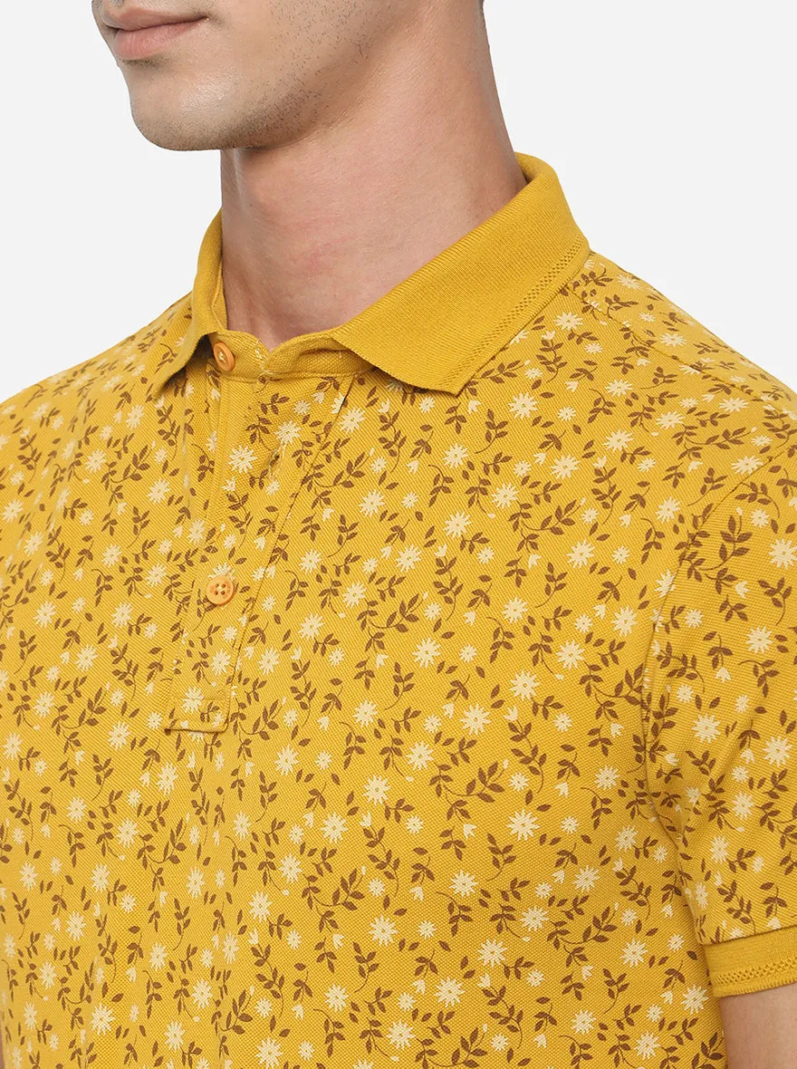 Tawny Yellow Printed Slim Fit Polo T-Shirt | JadeBlue