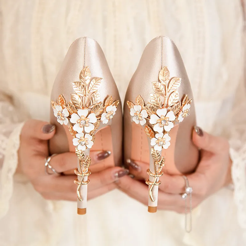 Women silk pointed toe metal flower decor stiletto high heels