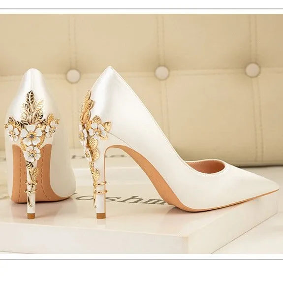 Women silk pointed toe metal flower decor stiletto high heels