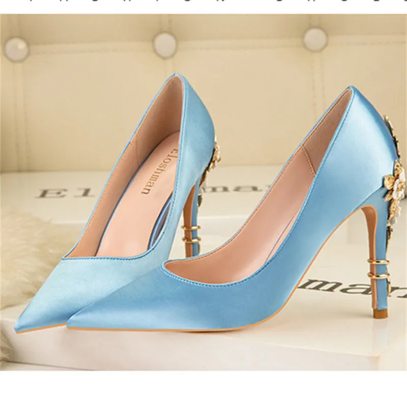 Women silk pointed toe metal flower decor stiletto high heels