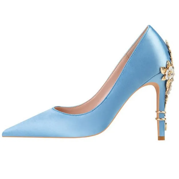 Women silk pointed toe metal flower decor stiletto high heels