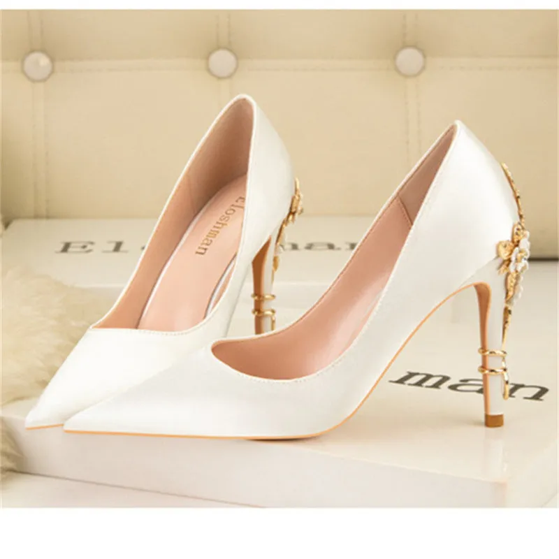 Women silk pointed toe metal flower decor stiletto high heels