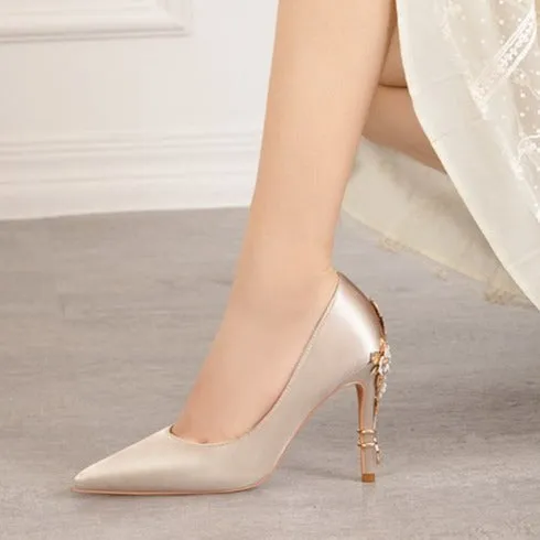 Women silk pointed toe metal flower decor stiletto high heels