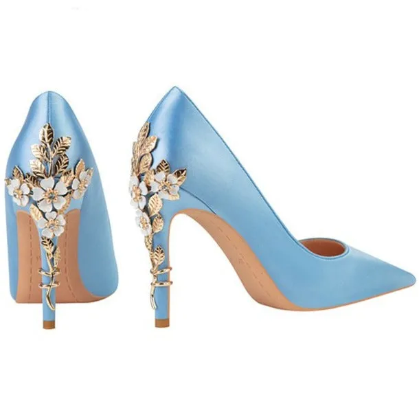 Women silk pointed toe metal flower decor stiletto high heels