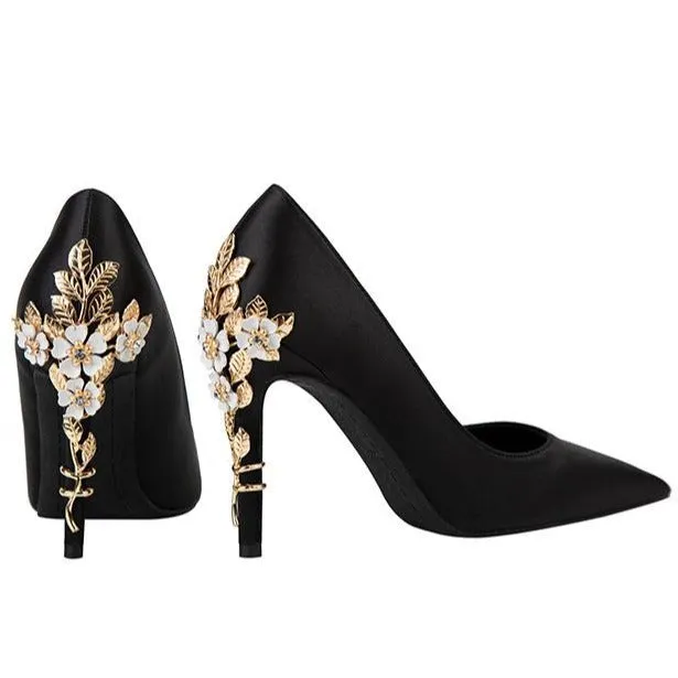 Women silk pointed toe metal flower decor stiletto high heels