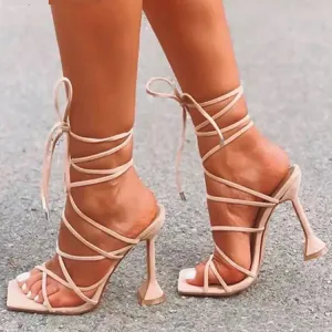 Women square open toe stiletto slingback strappy lace up heels