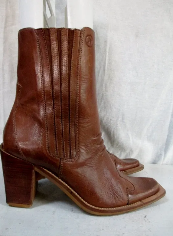 Womens BRONX SHOES LEATHER Western Ankle Cowboy BOOT BROWN 7.5