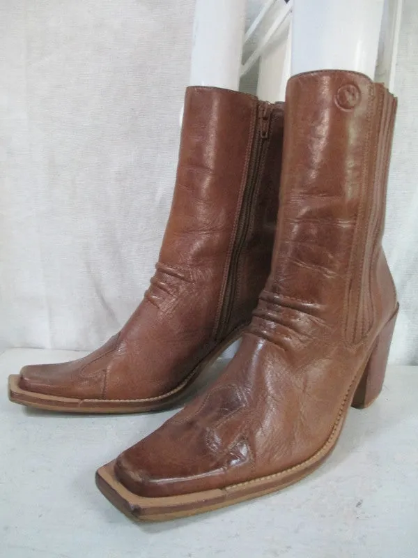 Womens BRONX SHOES LEATHER Western Ankle Cowboy BOOT BROWN 7.5